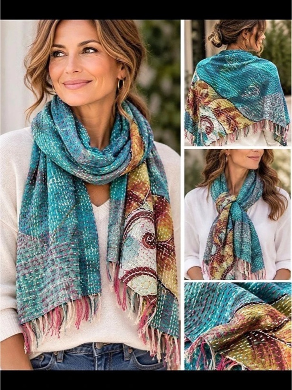 Ritual Handcrafted Kantha Stitch Upcycled Sari Scarf Blue & Multicolor